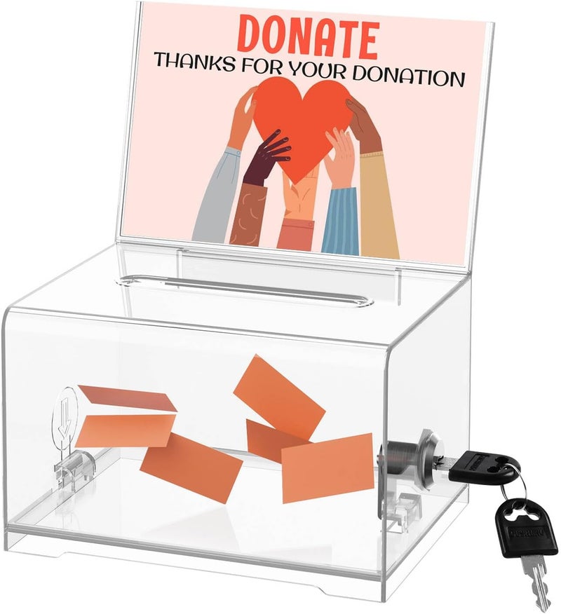 THUQ Clear Donation Box with Lock & Sign Holder, Versatile for Fundraising, Ballot Voting, Suggestions, and Tips Jar, Secure Storage Design, Size 6.2x4.6x4.0 Inch, Clear 1 Pack - Image 1